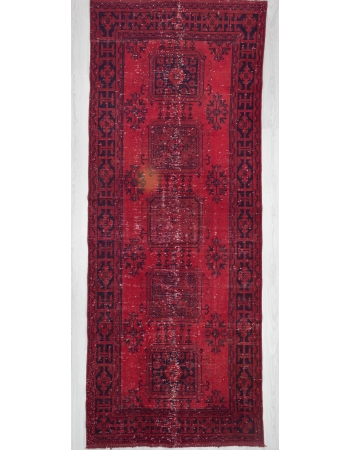 Hand knotted vintage over-dyed red Turkish runner rug