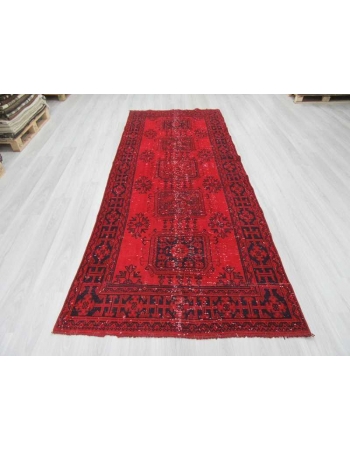 Hand knotted vintage over-dyed red Turkish runner rug