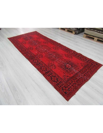 Hand knotted vintage over-dyed red Turkish runner rug