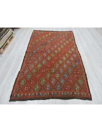 Handwoven vintage decorative embroidered Turkish kilim rug