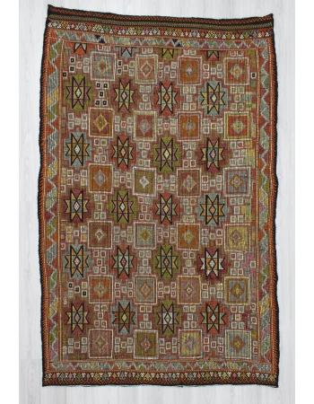 Handwoven vintage embroidered decorative Turkish kilim rug