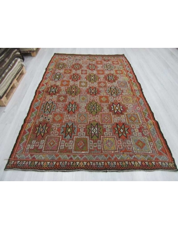 Handwoven vintage embroidered decorative Turkish kilim rug