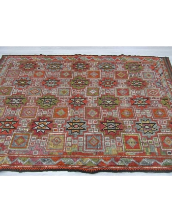 Handwoven vintage embroidered decorative Turkish kilim rug