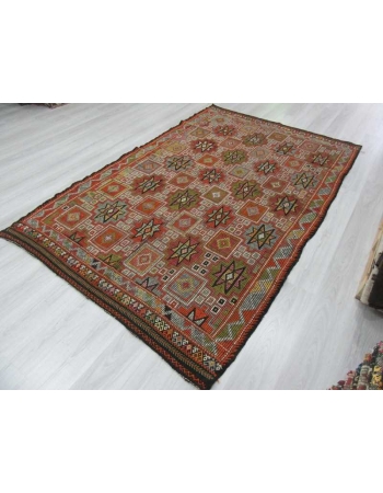 Handwoven vintage embroidered decorative Turkish kilim rug