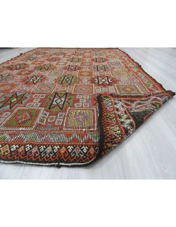 Handwoven vintage embroidered decorative Turkish kilim rug