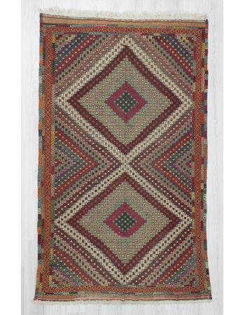 Handwoven vintage decorative embroidered Turkish kilim rug