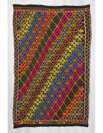 Handwoven vintage colourful embroidered Turkish kilim rug