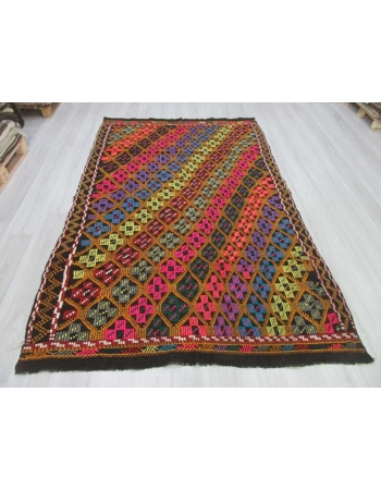 Handwoven vintage colourful embroidered Turkish kilim rug