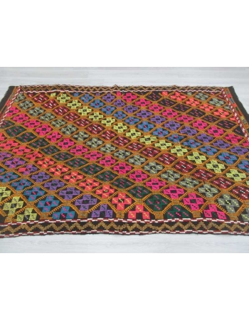 Handwoven vintage colourful embroidered Turkish kilim rug