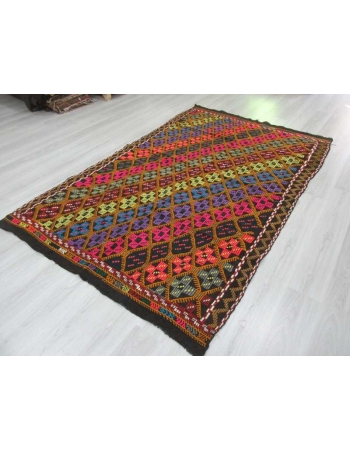 Handwoven vintage colourful embroidered Turkish kilim rug