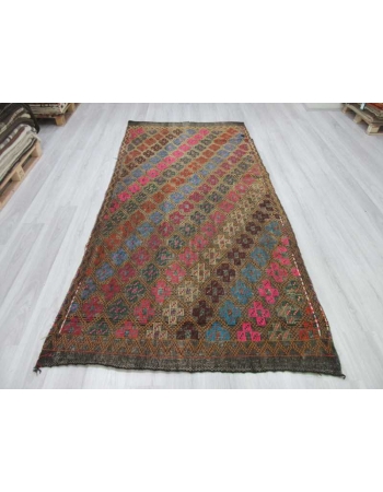 Handwoven vintage decorative embroidered Turkish kilim rug