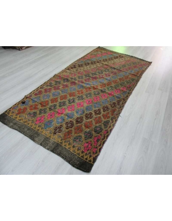 Handwoven vintage decorative embroidered Turkish kilim rug