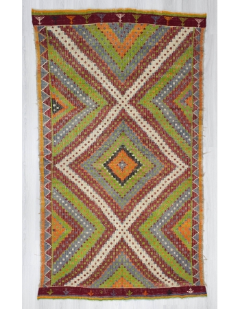 Handwoven vintage colourful decorative embroidered Turkish kilim rug