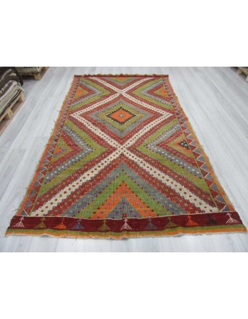 Handwoven vintage colourful decorative embroidered Turkish kilim rug