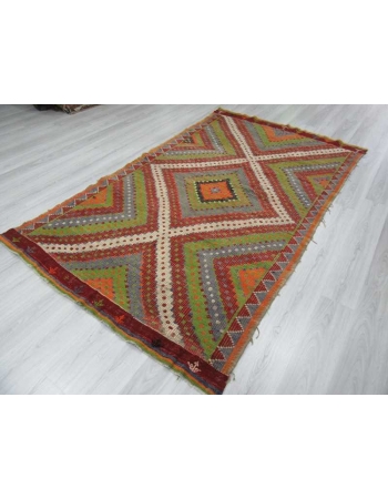 Handwoven vintage colourful decorative embroidered Turkish kilim rug