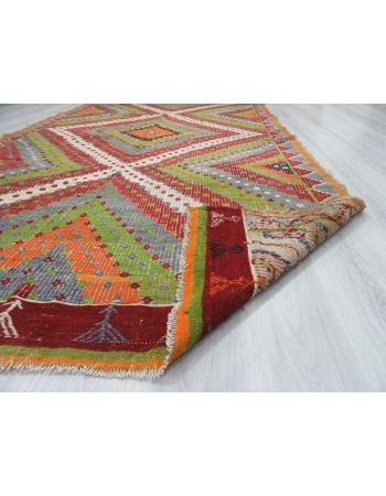 Handwoven vintage colourful decorative embroidered Turkish kilim rug