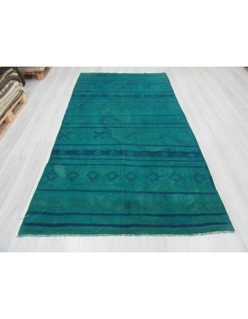 Handwoven vintage blue over dyed embroidered Turkish kilim rug