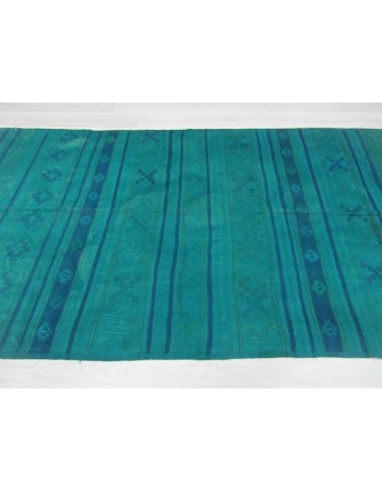 Handwoven vintage blue over dyed embroidered Turkish kilim rug