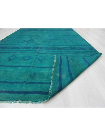 Handwoven vintage blue over dyed embroidered Turkish kilim rug