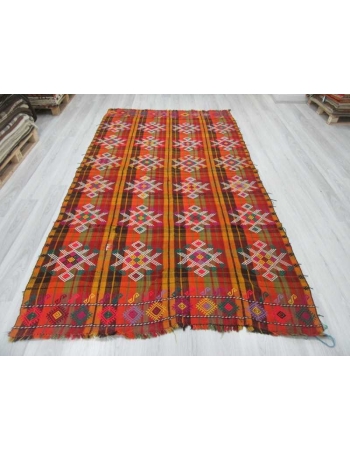 Handwoven vintage decorative colourful embroidered Turkish kilim rug