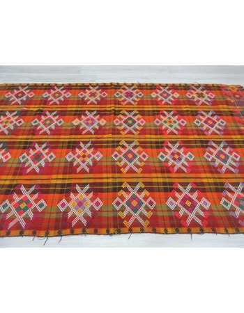 Handwoven vintage decorative colourful embroidered Turkish kilim rug