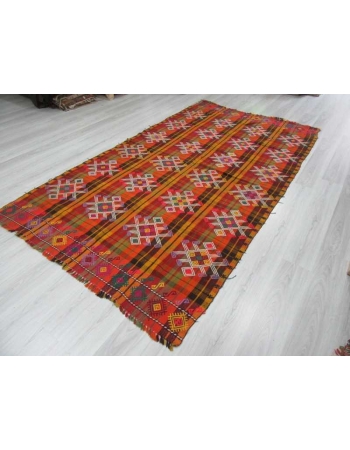 Handwoven vintage decorative colourful embroidered Turkish kilim rug