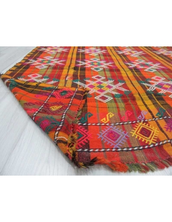 Handwoven vintage decorative colourful embroidered Turkish kilim rug