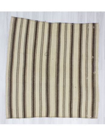 Handwoven vintage square decorative modern brown and white striped naturel Turkish kilim rug