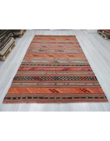 Handwoven vintage embroidered decorative Turkish kilim rug