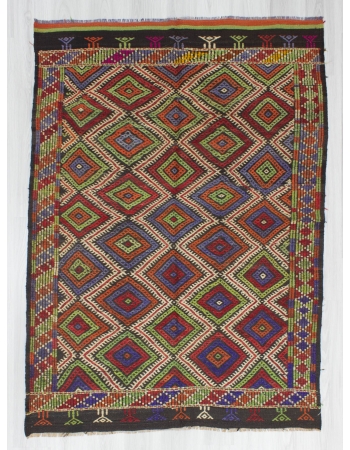 Handwoven vintage decorative embroidered Turkish kilim rug