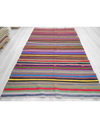 Handwoven vintage colourful striped Turkish rag rug