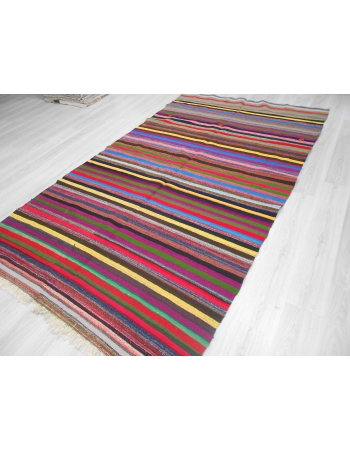 Handwoven vintage colourful striped Turkish rag rug