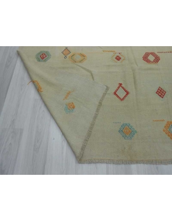 Handwoven vintage embroidered white modern Turkish kilim rug