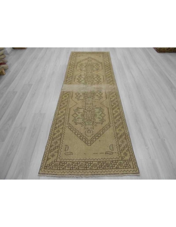 Handknotted vintage distressed decorative washed out Turkish runner rug