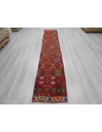 Handwoven vintage decorative narrow Turkish kilim runner rug