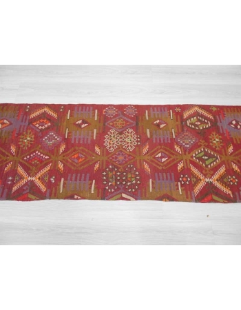 Handwoven vintage decorative narrow Turkish kilim runner rug