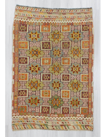 Handwoven vintage decorative star designed embroidered Turkish kilim rug