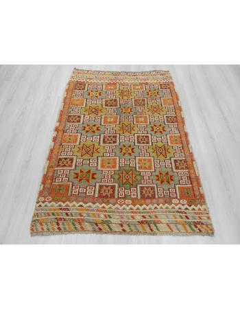 Handwoven vintage decorative star designed embroidered Turkish kilim rug