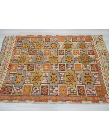 Handwoven vintage decorative star designed embroidered Turkish kilim rug