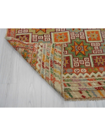 Handwoven vintage decorative star designed embroidered Turkish kilim rug