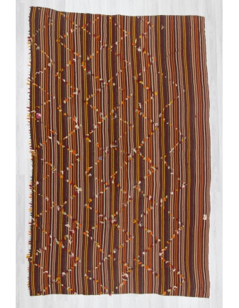 Vintage handwoven decorative striped oversized Turkish area kilim rug with colorful pon pon