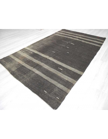 Handwoven vintage gray striped black modern decorative Turkish kilim rug