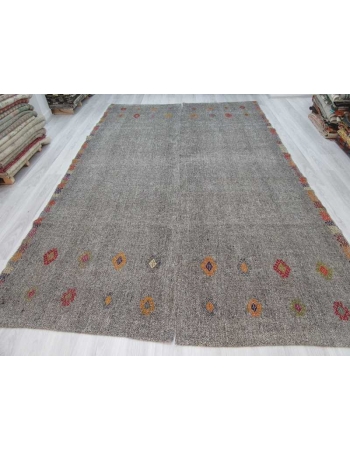 Vintage handwoven decorative embroidered grey oversize Turkish kilim area rug