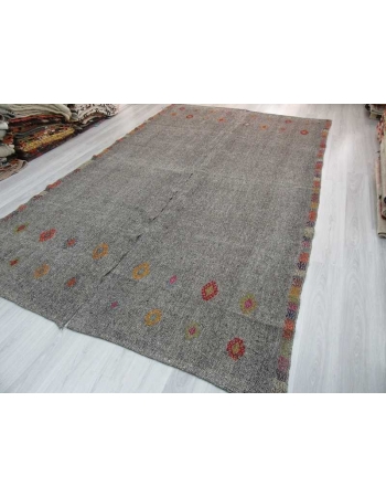 Vintage handwoven decorative embroidered grey oversize Turkish kilim area rug