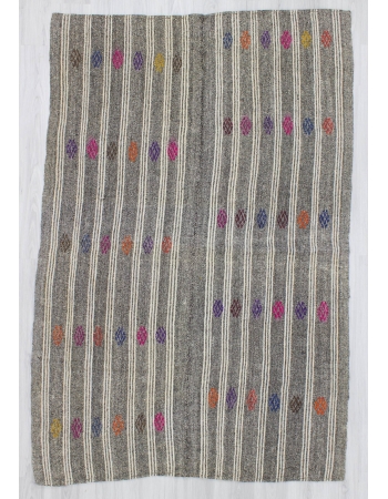 Vintage handwoven decorative embroidered gray Turkish kilim rug