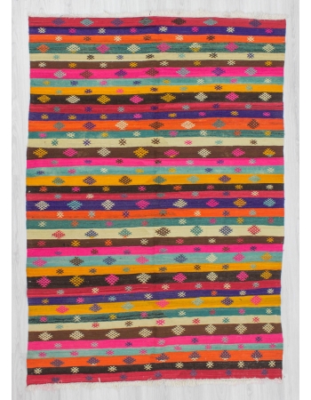 Handwoven vintage decorative colorful embroidered Turkish area kilim rug