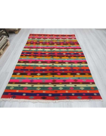 Handwoven vintage decorative colorful embroidered Turkish area kilim rug