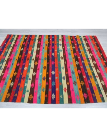 Handwoven vintage decorative colorful embroidered Turkish area kilim rug