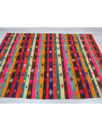 Handwoven vintage decorative colorful embroidered Turkish area kilim rug