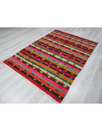 Handwoven vintage decorative colorful embroidered Turkish area kilim rug